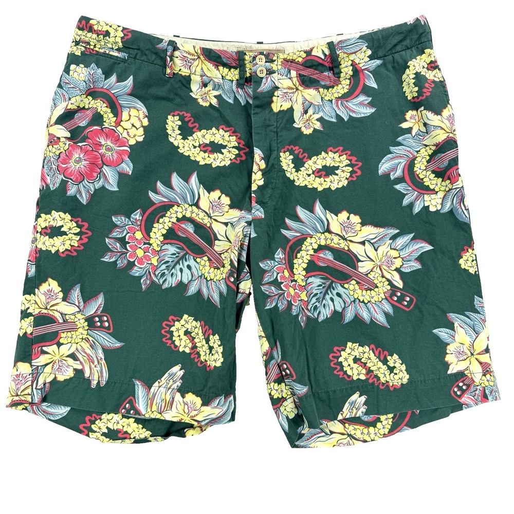 VTG Mens Polo Ralph Lauren Shorts Hawaiian Guitar Floral Button Fly Green Sz 40